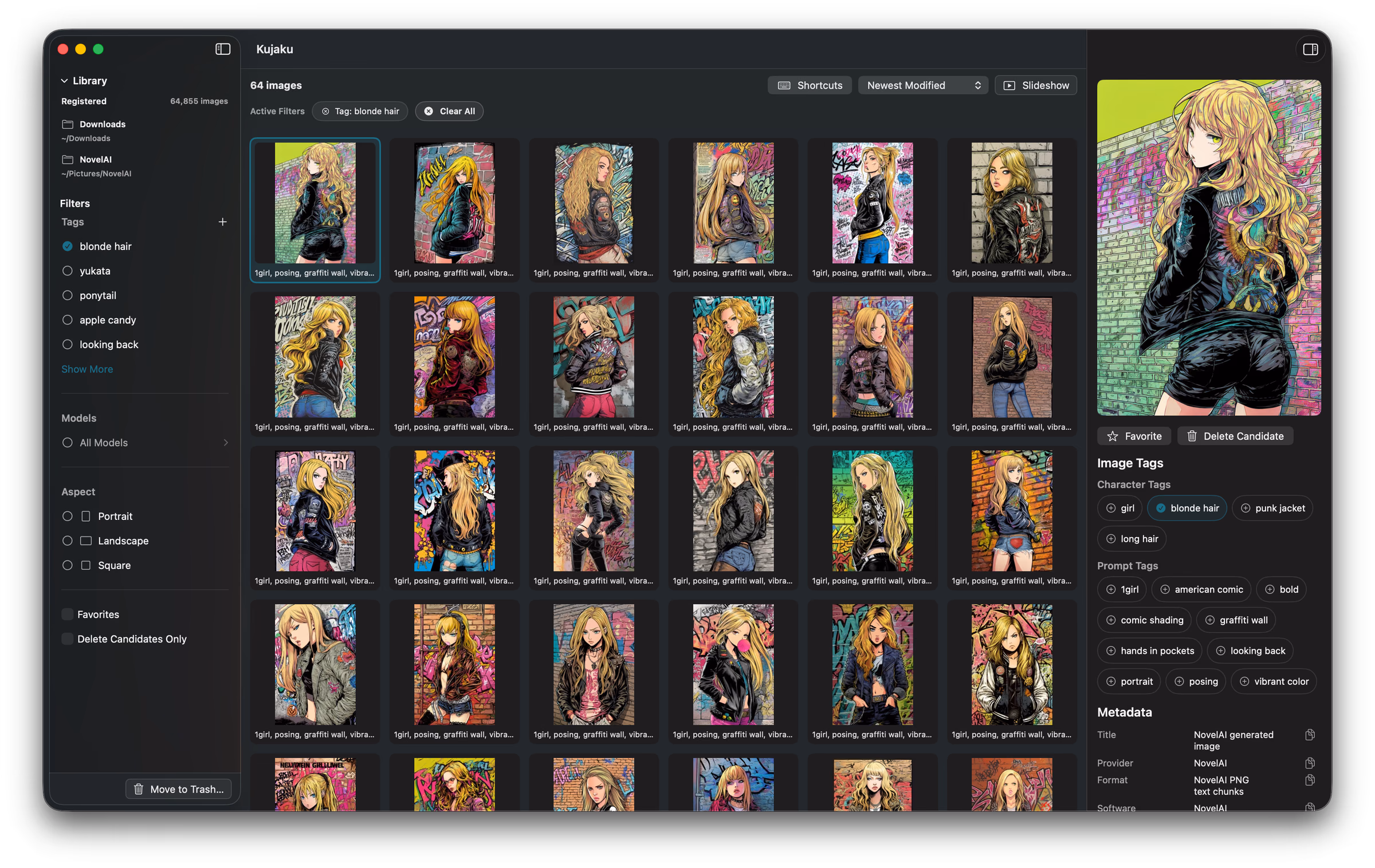 The Kujaku window. A single “blonde hair” tag filter narrows the library to 64 thumbnails in the center grid. The right-hand preview shows a blonde character against a graffiti background, with a tag list beside it.