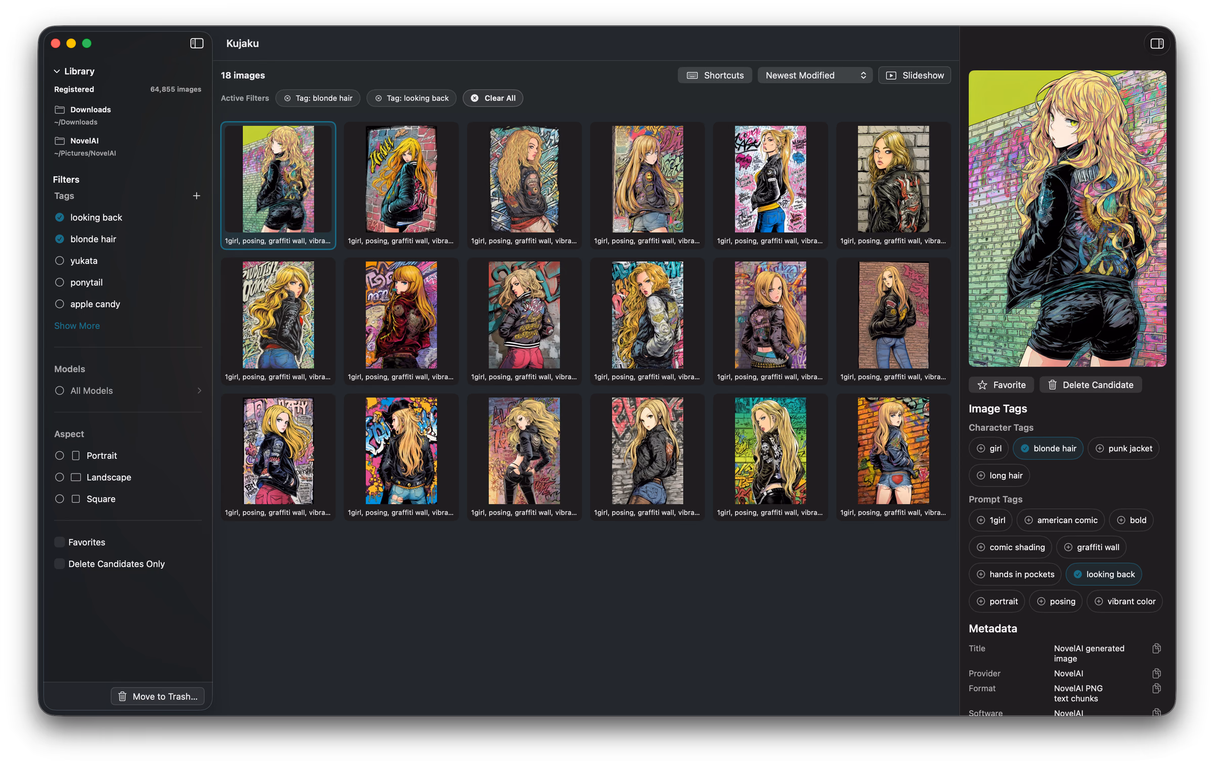 The Kujaku window. Adding the “looking back” tag on top of “blonde hair” narrows the library to 18 thumbnails in the center grid.