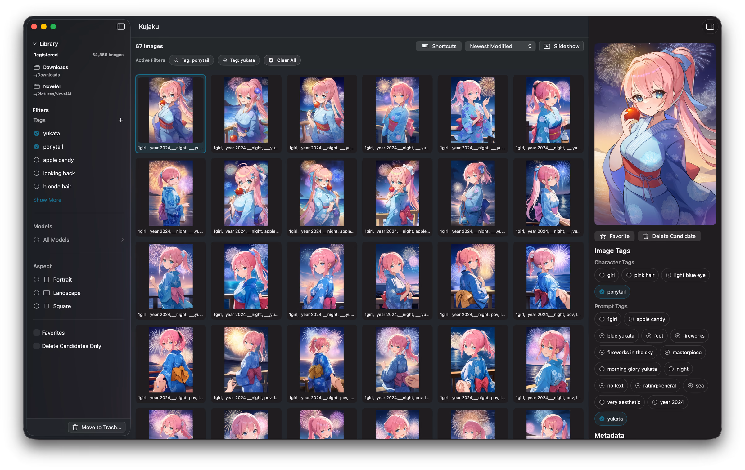 The Kujaku window. In the left sidebar, the tags “yukata” and “ponytail” are checked, narrowing a 64,855-image library down to 67 thumbnails shown in the center grid. The right-hand preview shows a pink-haired, ponytailed character in a yukata against night fireworks.