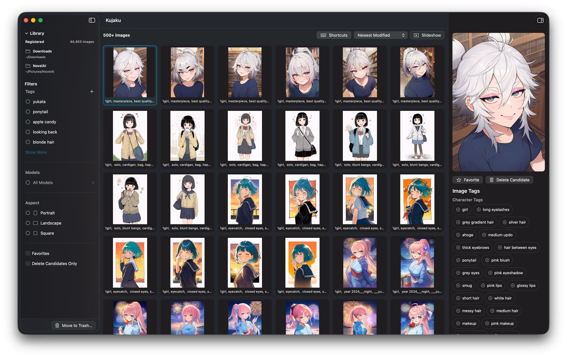 The Kujaku window. No tags are checked in the left sidebar, so no filter is applied. The header shows “500+ images”, the sidebar shows 64,855 registered images, and thumbnails fill the center grid. The right-hand preview shows a white-haired character.