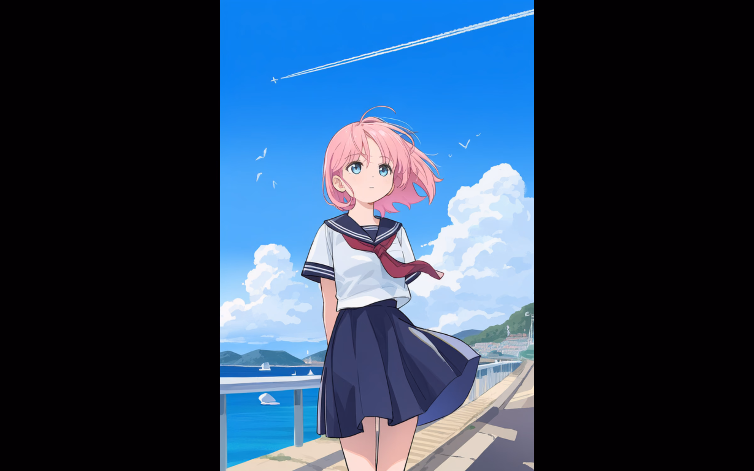 スライドショーの1枚表示。青空とセーラー服のキャラクターが画面いっぱいに映る。
