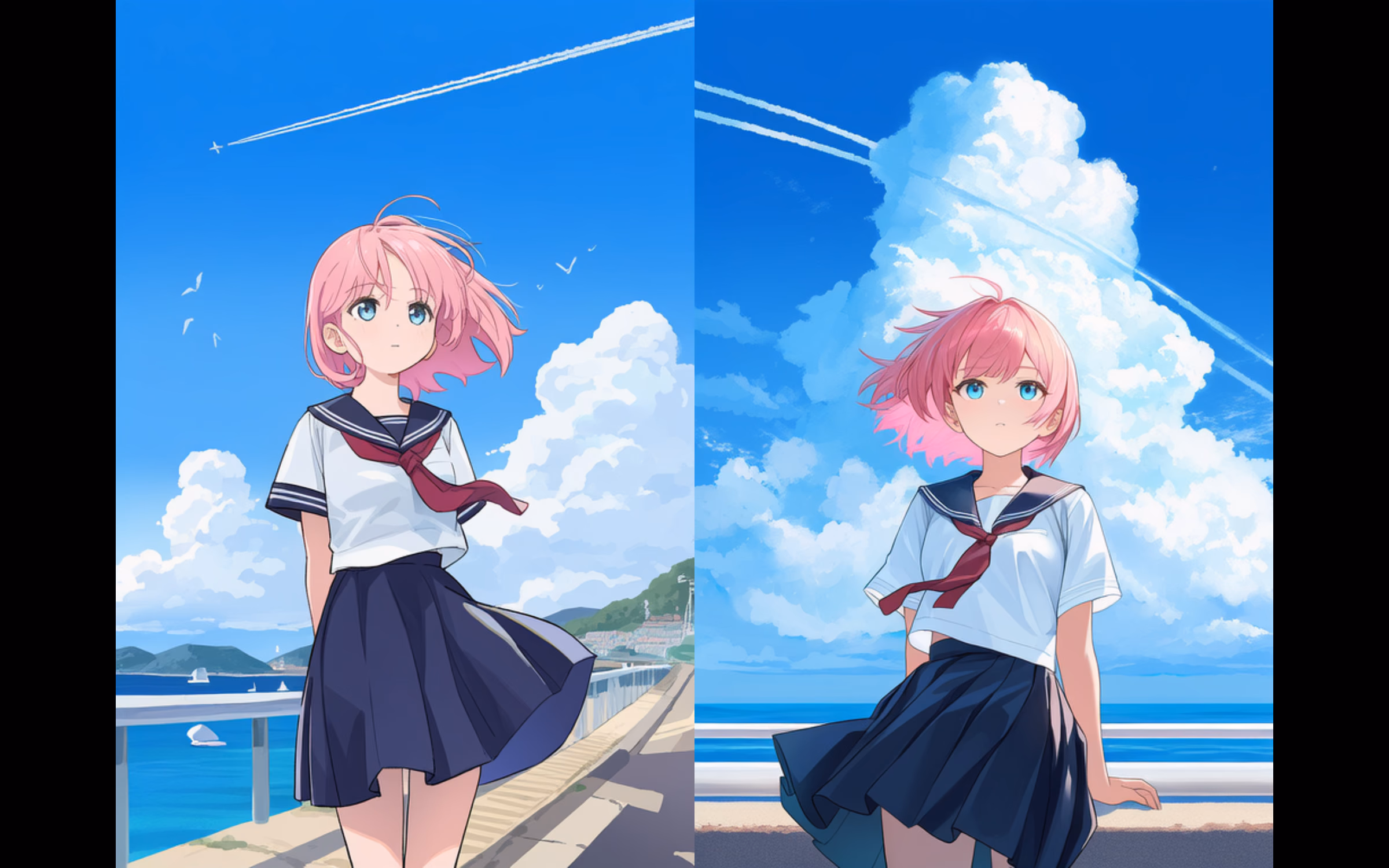 スライドショーの2枚同時表示。青空とセーラー服の似た構図が縦に2分割で並ぶ。