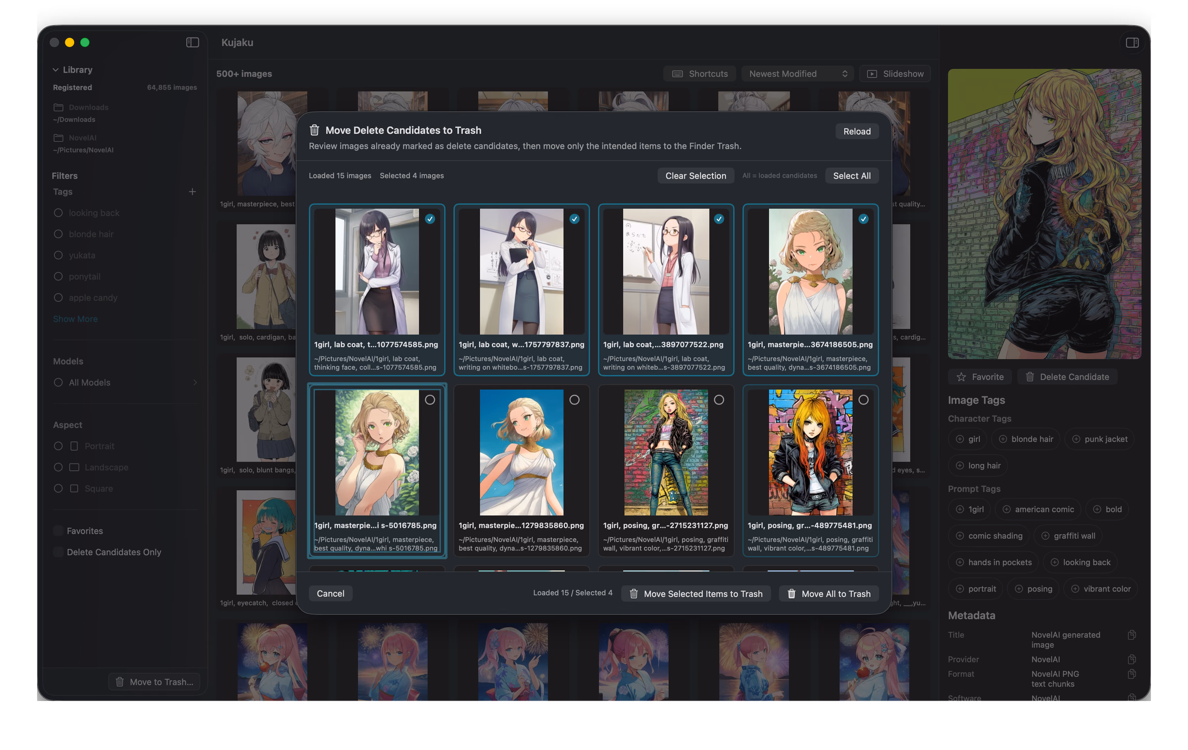 The Kujaku delete-candidate review sheet. 4 of 15 images are selected, with a “Move Selected to Trash” button in the footer.